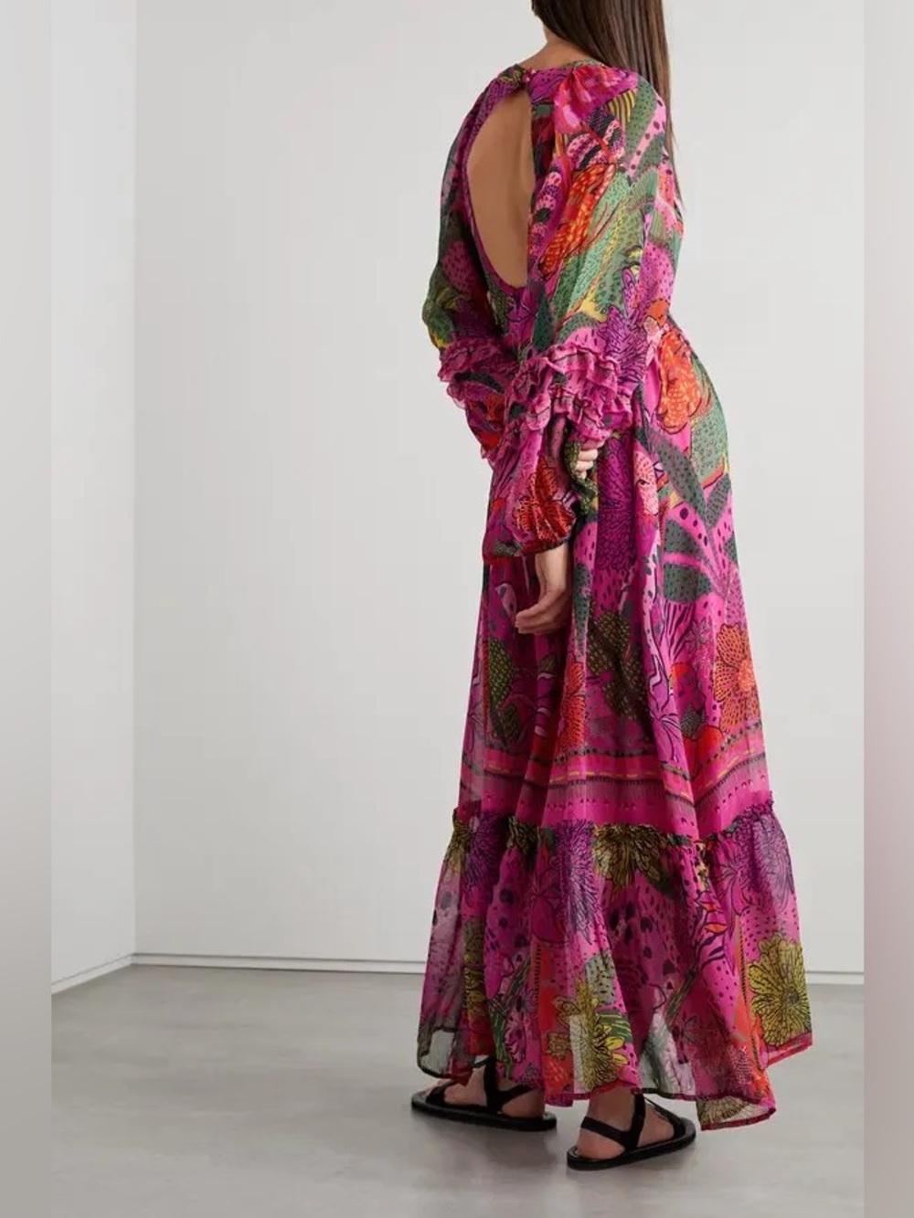 Farm Rio Cool Leopards Open Back Ruffled Georgette Maxi Dress Size Medium Pink - Picture 3 of 13